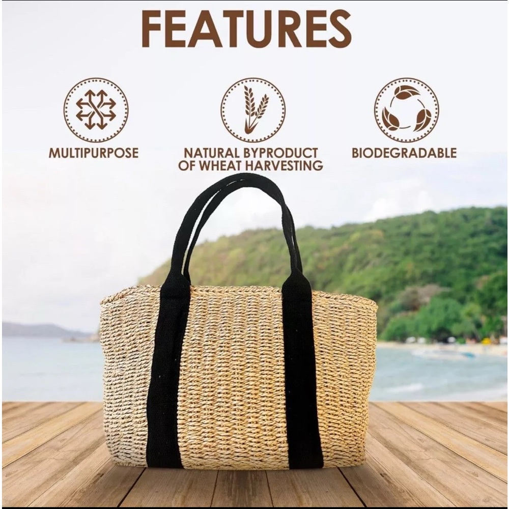 Stylish Tan and Black Woven Tote Bag - Picture 2 of 7